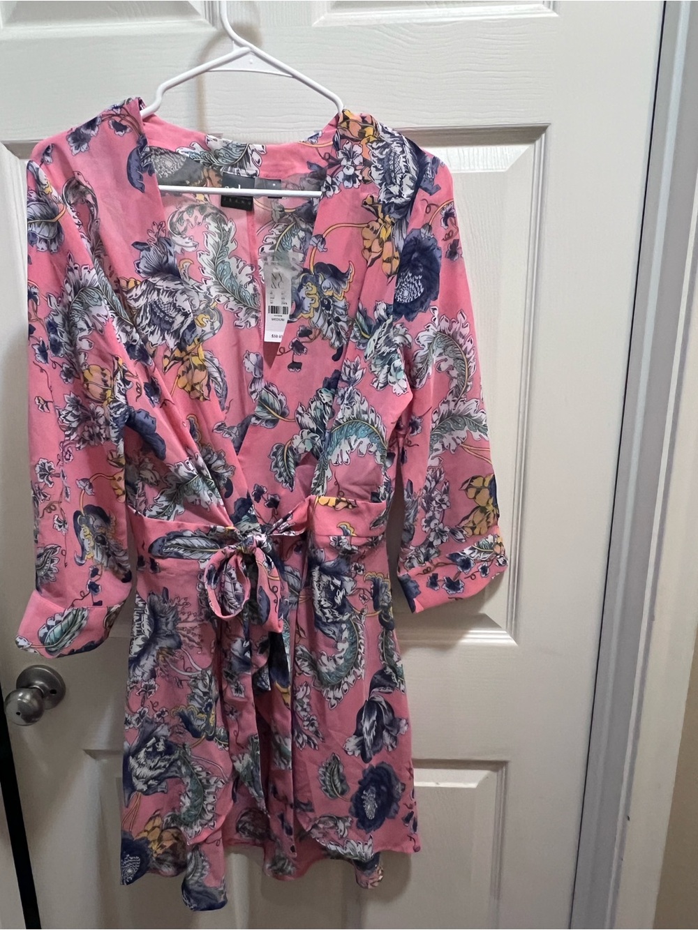New York & Company Pink Floral-Paisley Wrap Tunic with Tie Waist